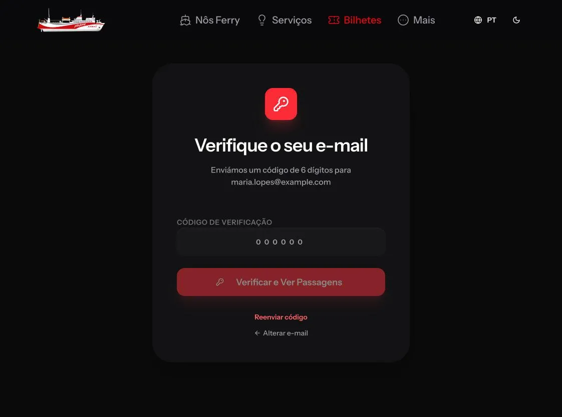 Ecrã onde se introduz o código de seis dígitos recebido por email