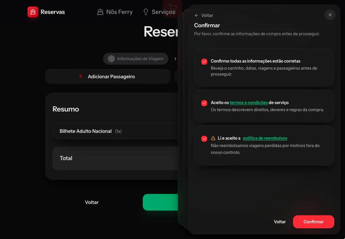 O passo de confirmação, com as três caixas marcadas e o aviso da política de reembolsos