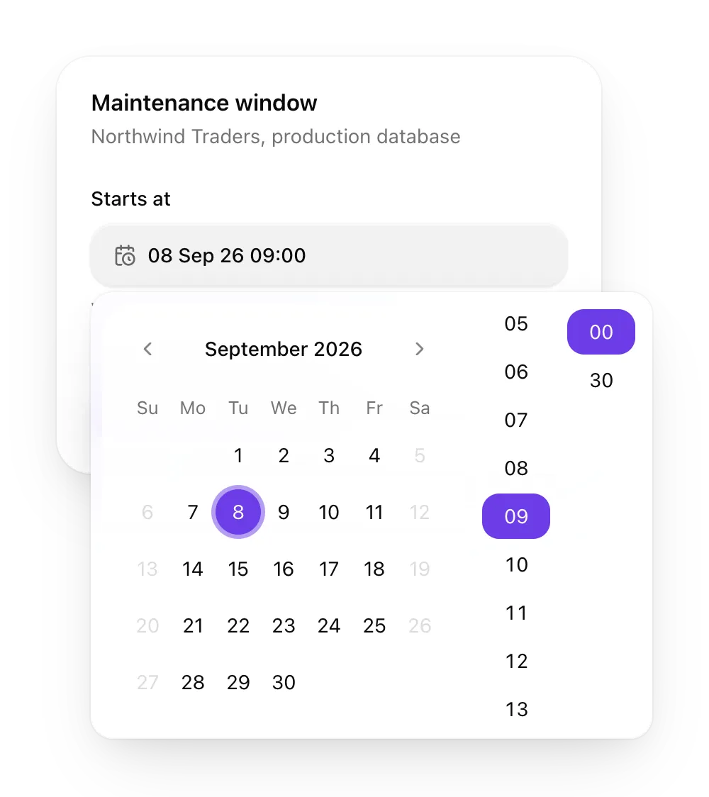 A DateTimePicker with the September calendar, weekends disabled, next to the hour and minute columns