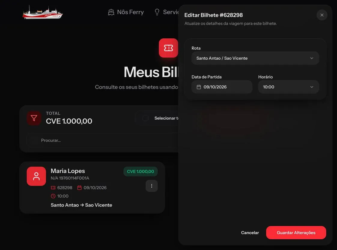 Painel de edição com rota, data de partida e horário