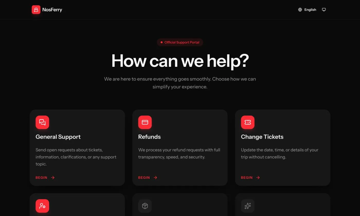 The NosFerry Support home page, with cards for general support, refunds and data changes
