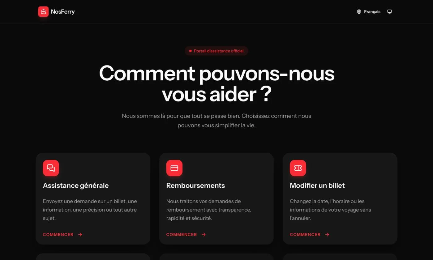 La page d’accueil de NosFerry Support, avec les demandes d’assistance générale, de remboursement et de modification de données