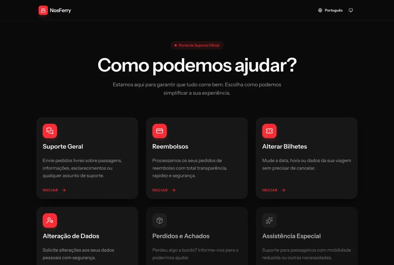 Página inicial da NosFerry Support, com os cartões de suporte geral, reembolsos e alteração de dados