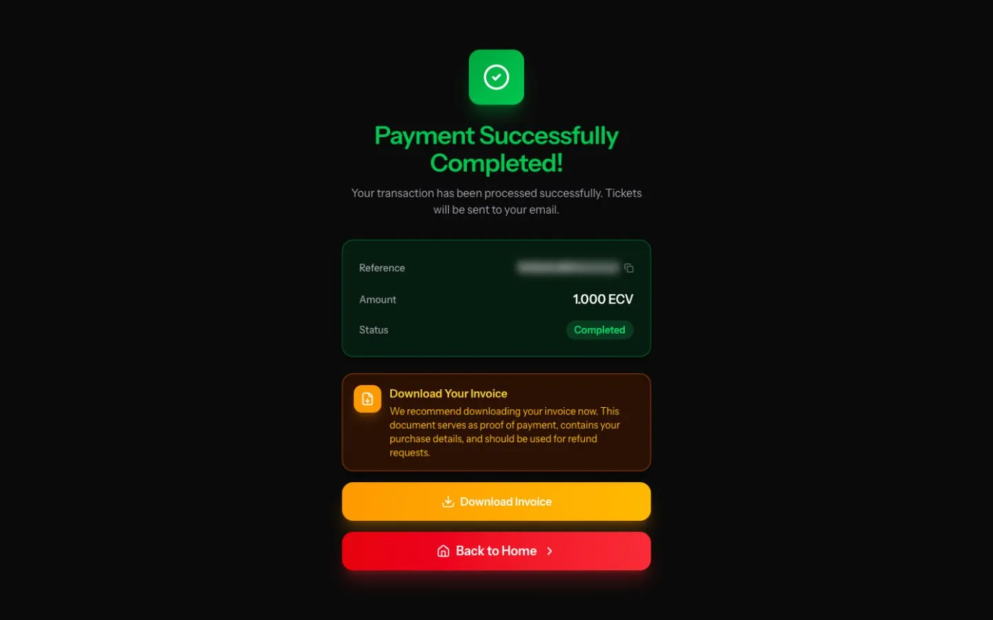 The payment success screen, with the payment receipt to download and the reference blurred