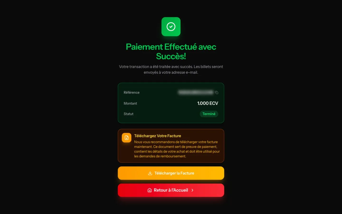 L'écran de paiement réussi, avec le justificatif à télécharger et la référence floutée