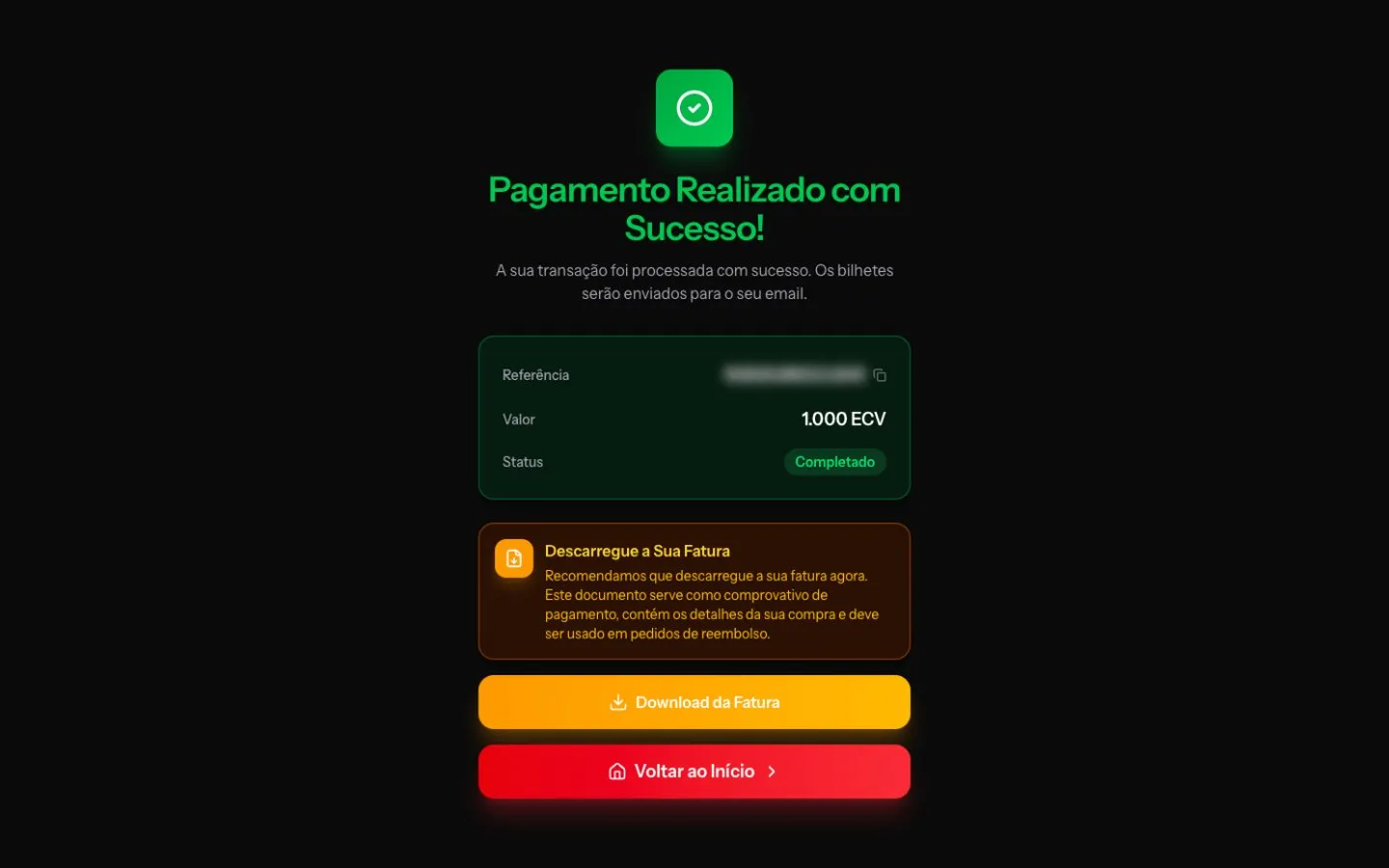 Ecrã de pagamento concluído, com o comprovativo para descarregar e a referência desfocada
