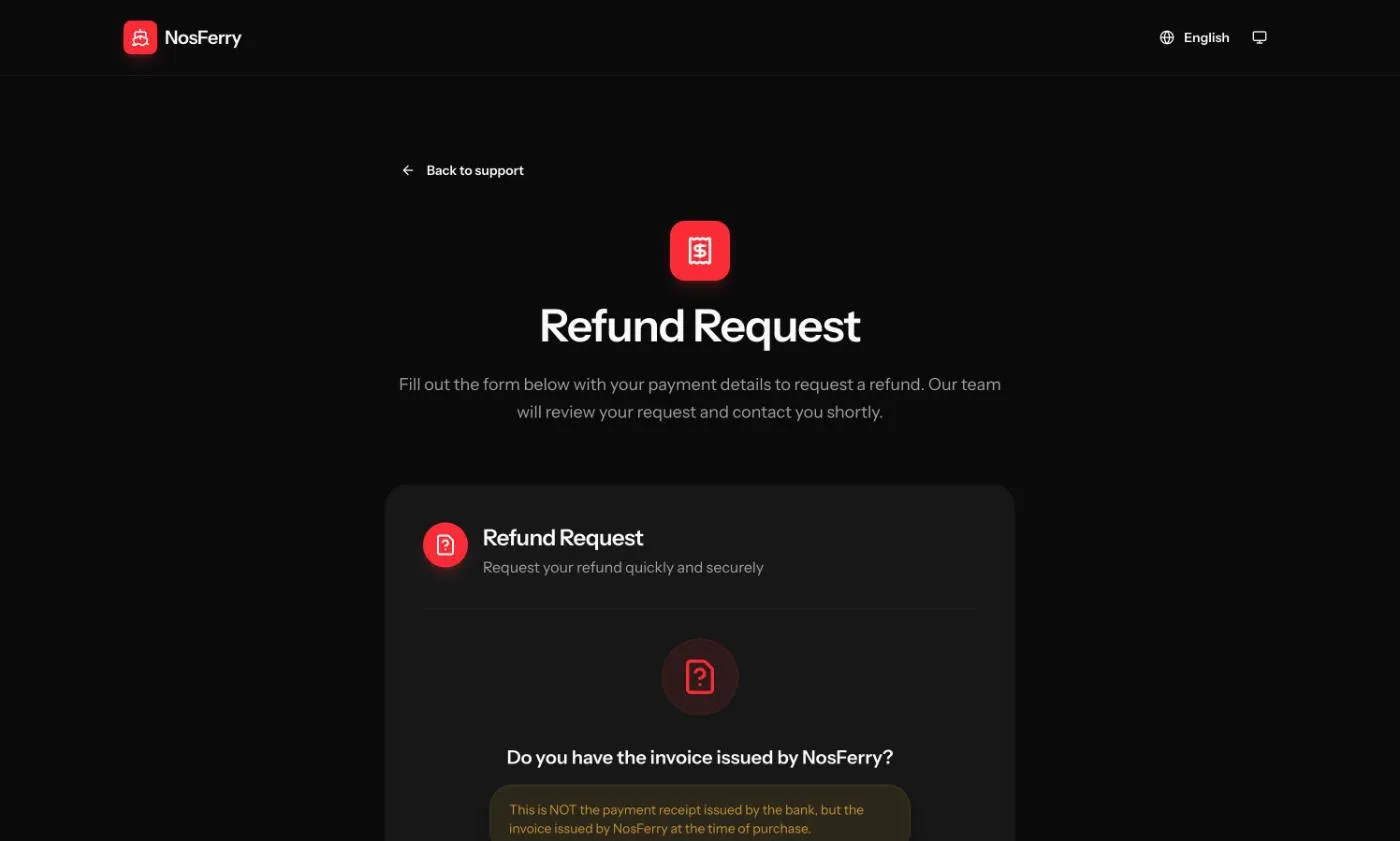 The start of the refund form, asking whether the passenger has the NosFerry invoice