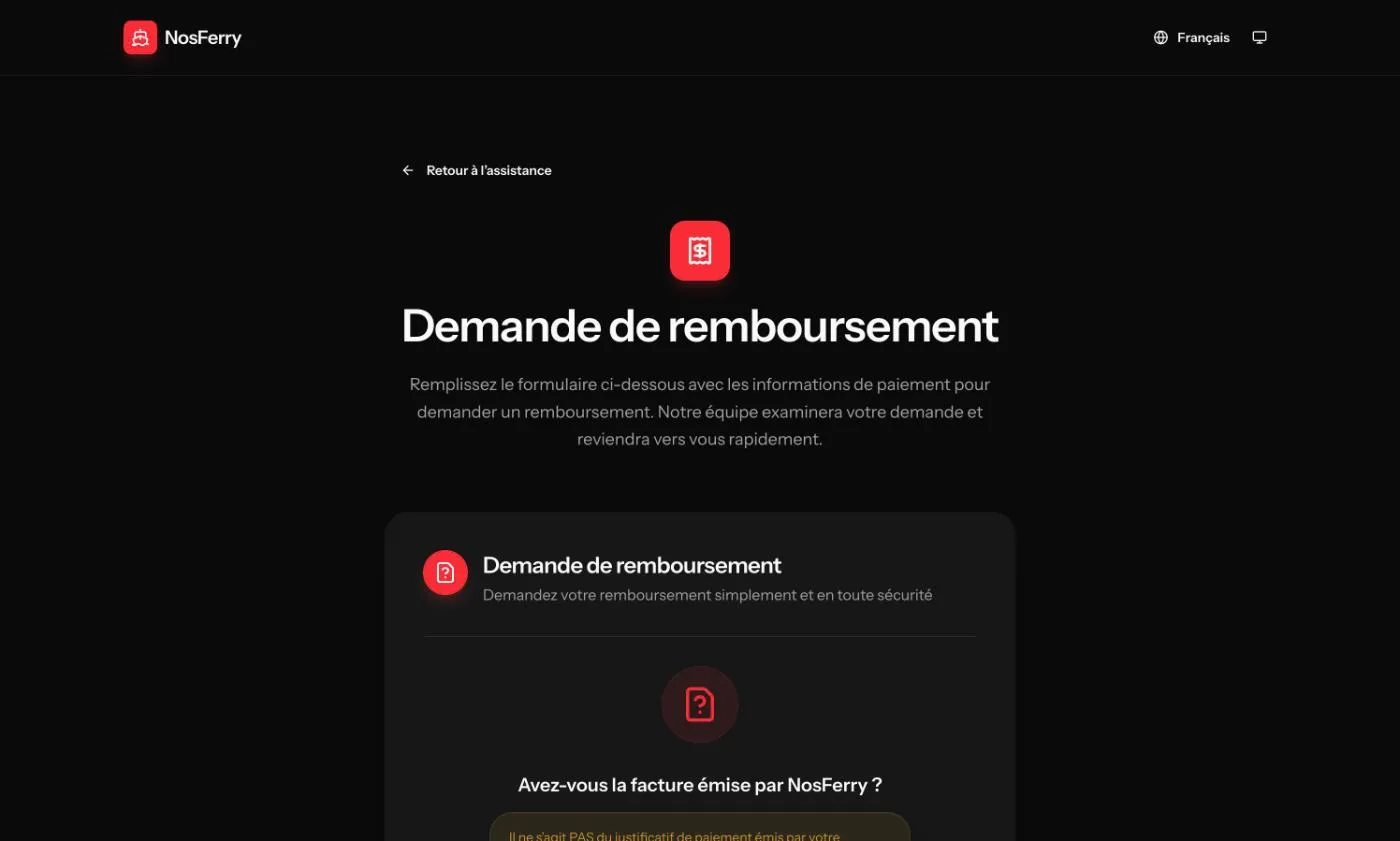 Le début du formulaire de remboursement, avec la question sur la facture NosFerry