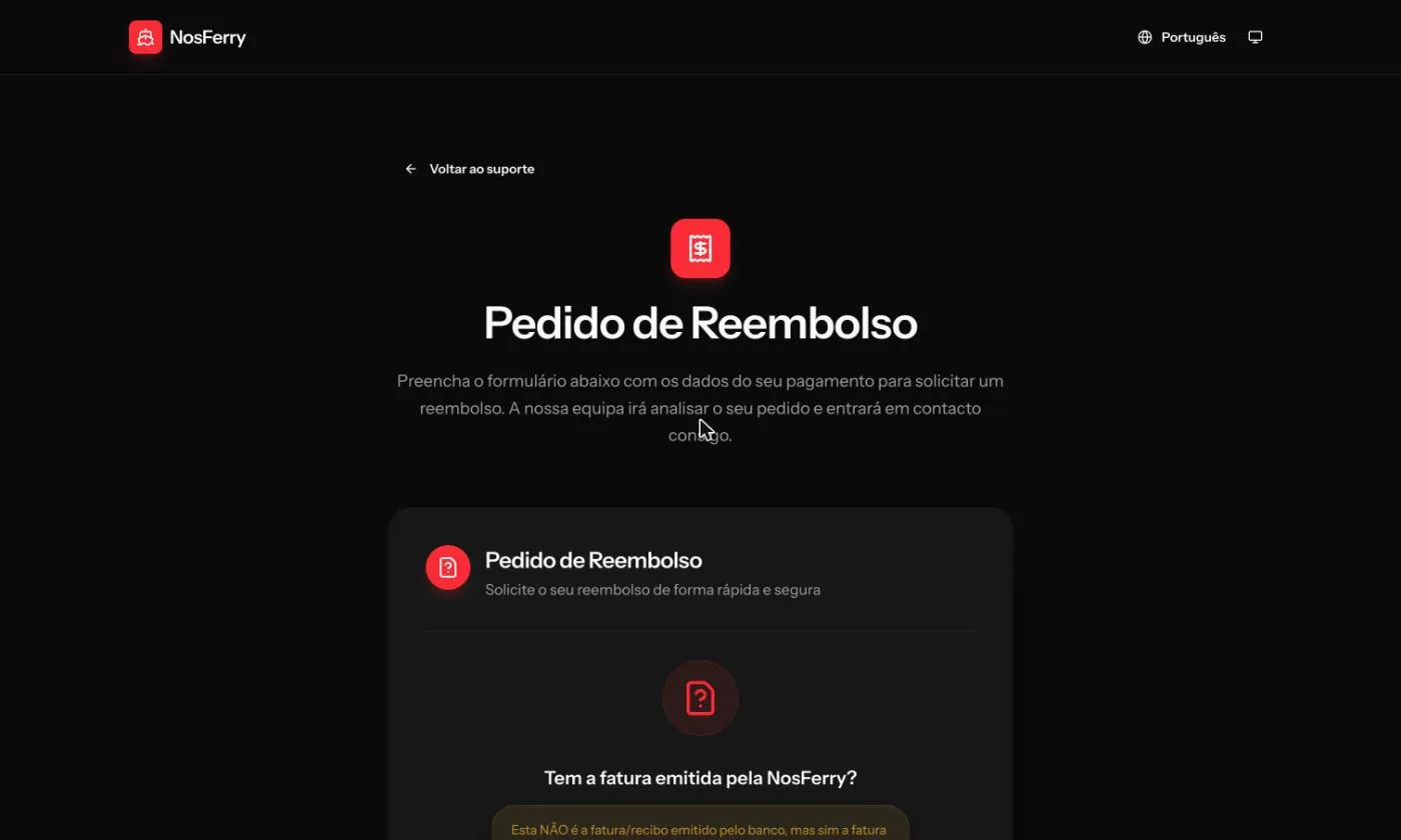 Início do formulário de reembolso, com a pergunta sobre a fatura da NosFerry