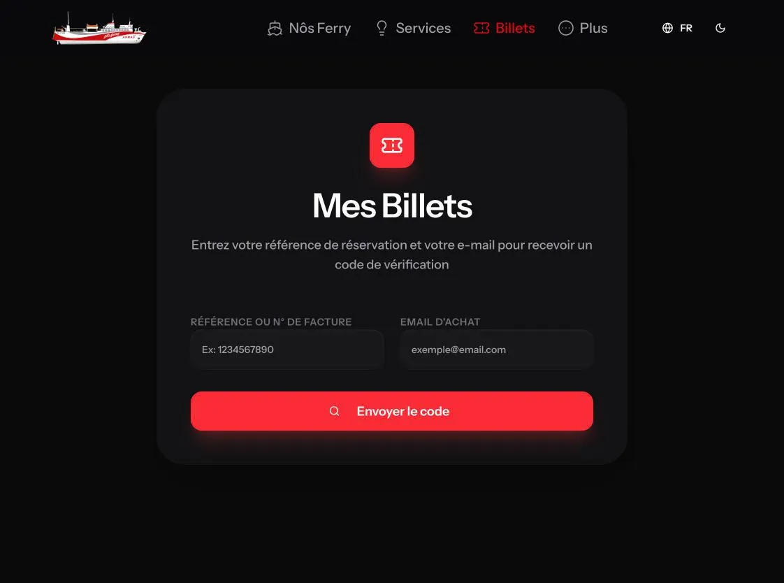L'écran Mes Billets qui demande la référence et l'e-mail d'achat
