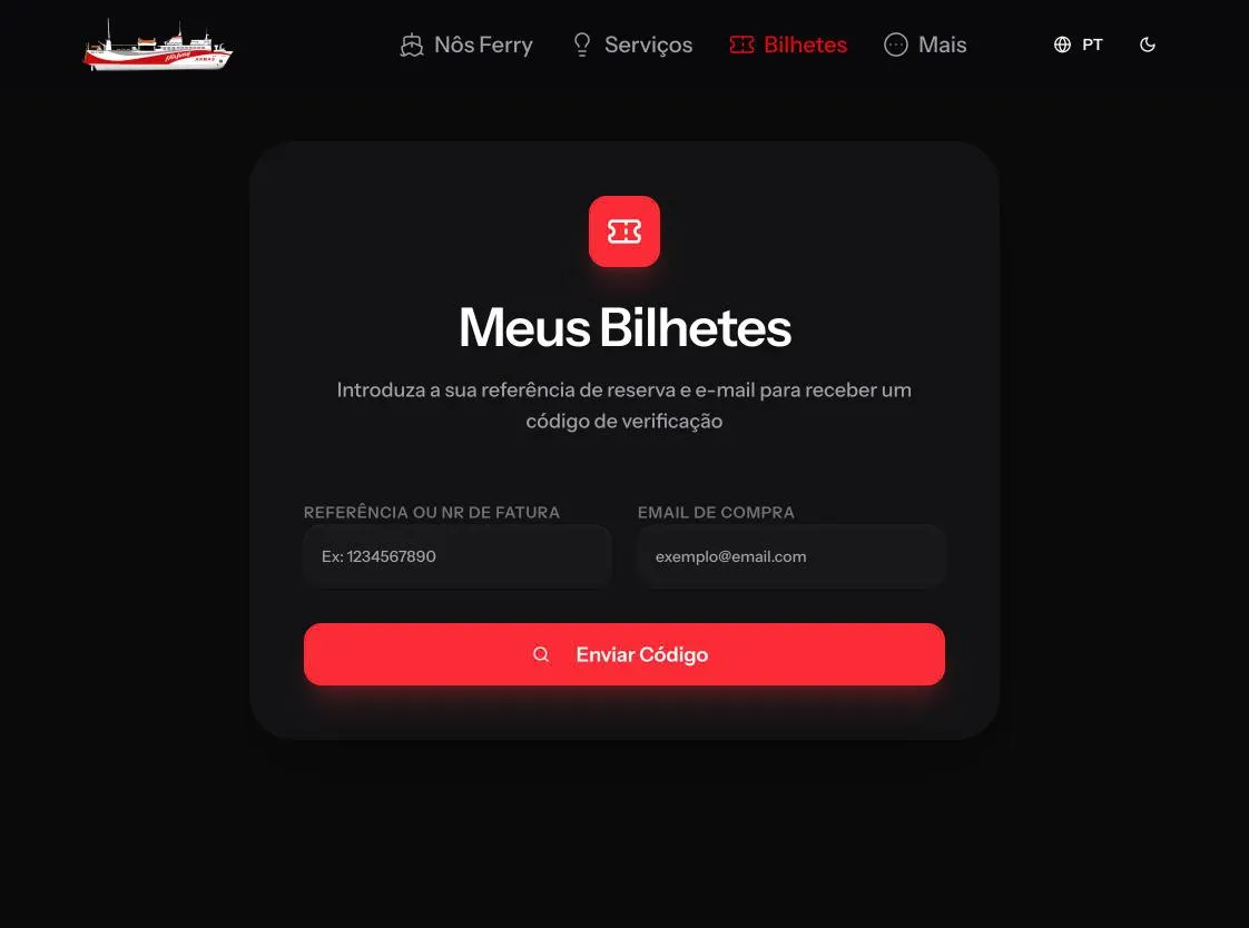 Ecrã Meus Bilhetes a pedir a referência e o email da compra