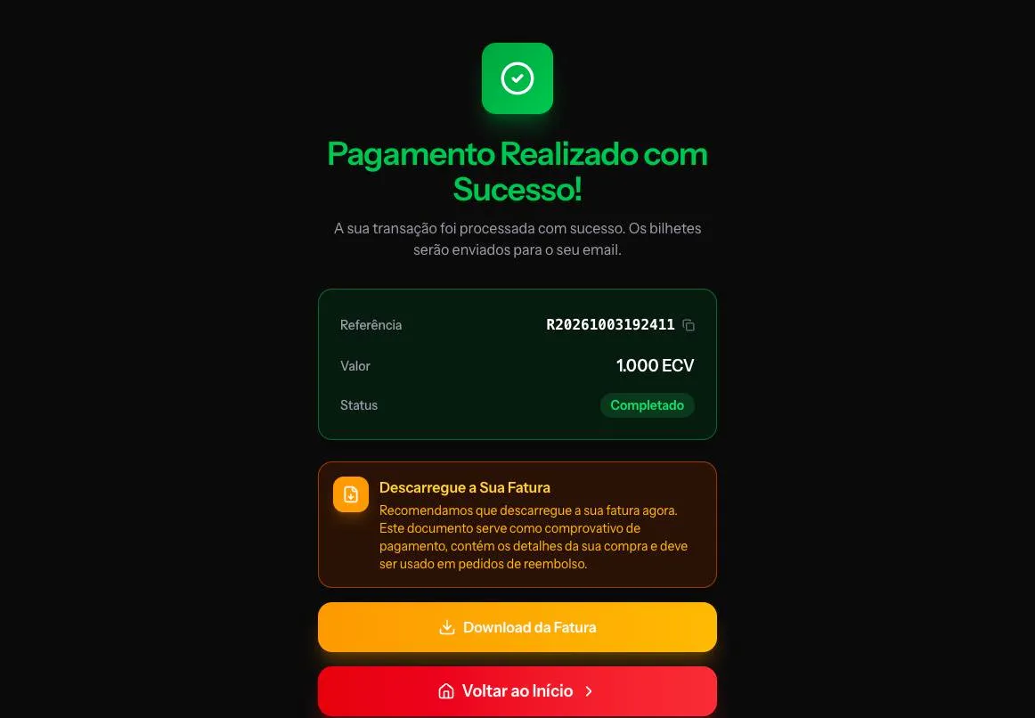 O ecrã de pagamento concluído, com a referência, o valor e o botão para descarregar o documento
