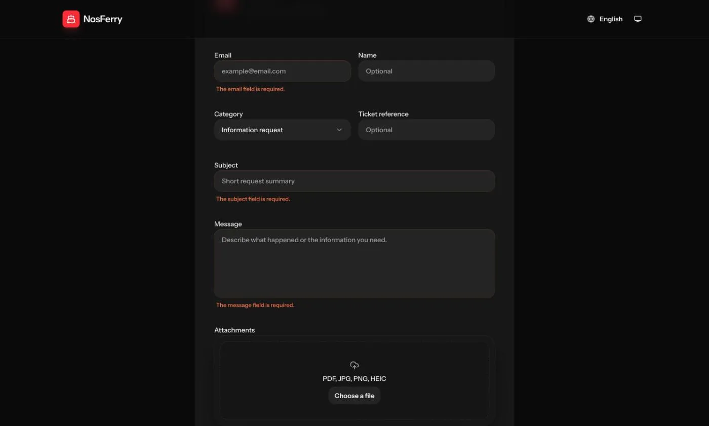 Validation errors on the support form, each one naming its field
