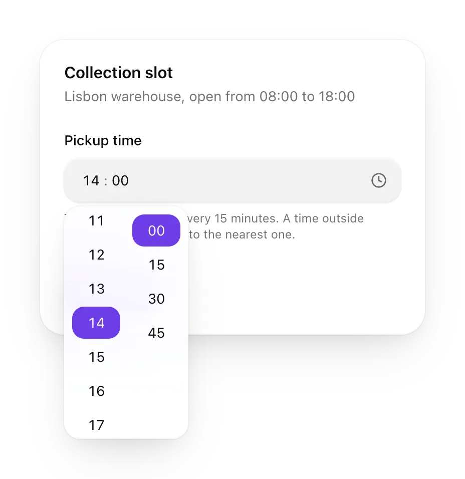 A TimePicker for a pickup slot, open on 14:00 with the minutes in steps of 15