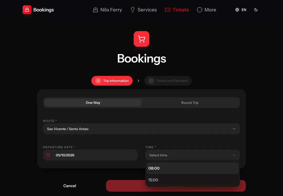 The first booking step, with the route, the date and the list of departure times open