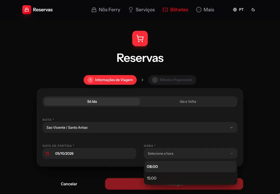 O primeiro passo da reserva, com a rota, a data e a lista de horários aberta