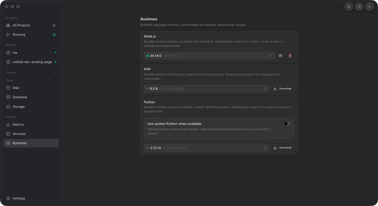 Orbit Runtimes, pinned per project.